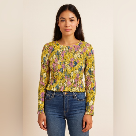 Sanctuary Tops - Sanctuary Yellow Smocked Floral Long Sleeved Top Size Medium